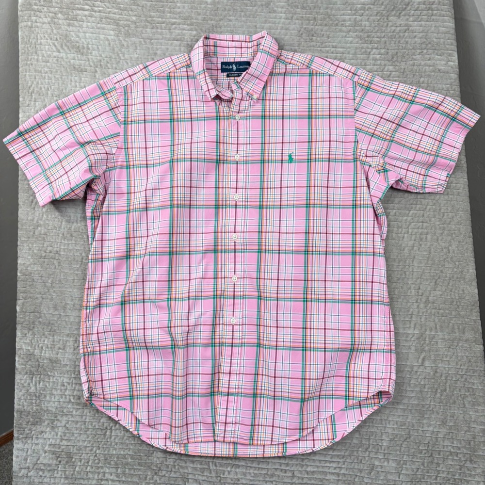 Ralph Lauren XL Classic‎ Fit Pink Plaid Short Sleeve Button Down Shirt Cotton